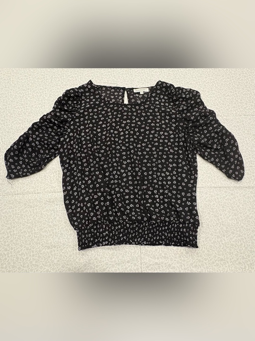 Blousology Womens L Black White Floral Smocked Waist Puff 3/4 Sleeve Blouse 2016